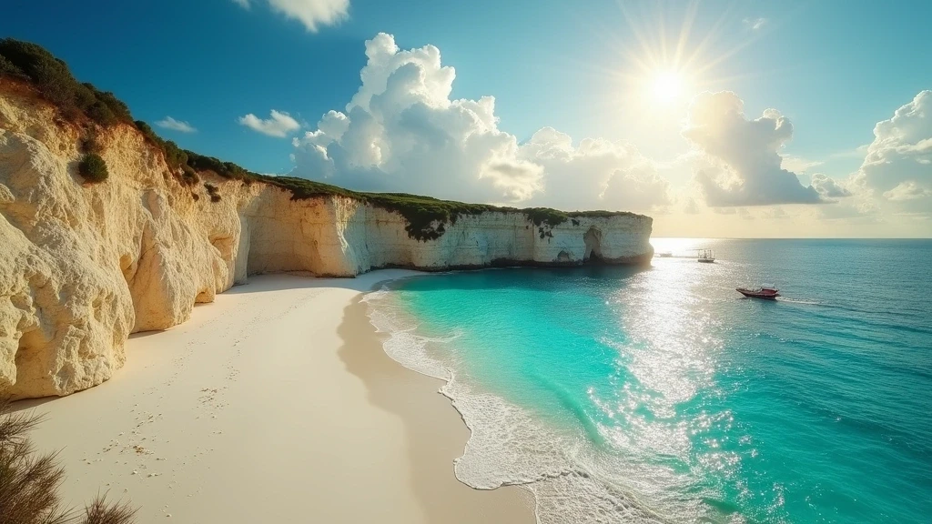 Panoramablick auf einsamen Strand zwischen Kreidefelsen in Turks & Caicos