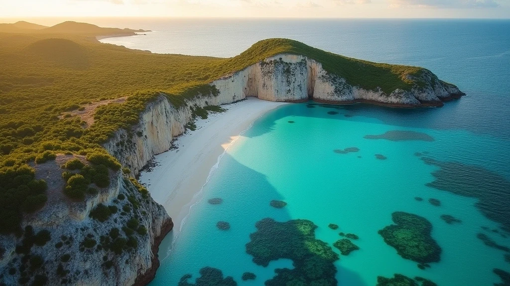 Luftaufnahme des Chalk Sound Nationalparks in Turks und Caicos mit tuerkisfarbener Lagune und Kalksteininseln