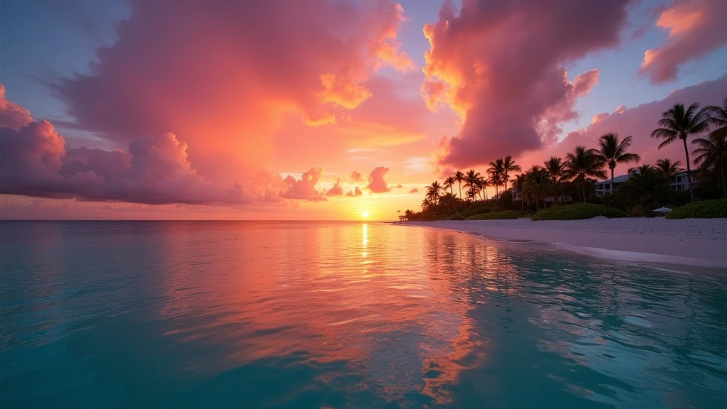 Sonnenuntergang ueber Grace Bay Beach in Turks und Caicos mit tuerkisfarbenem Wasser und Palmen