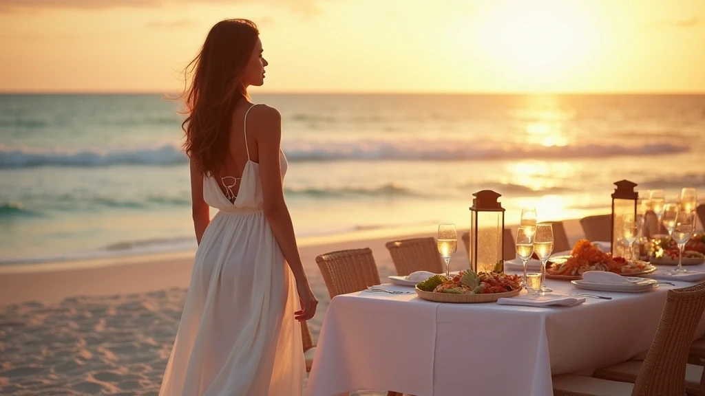 Elegante Frau beim Stranddinner in Turks und Caicos mit Meeresfruechten und Sonnenuntergang