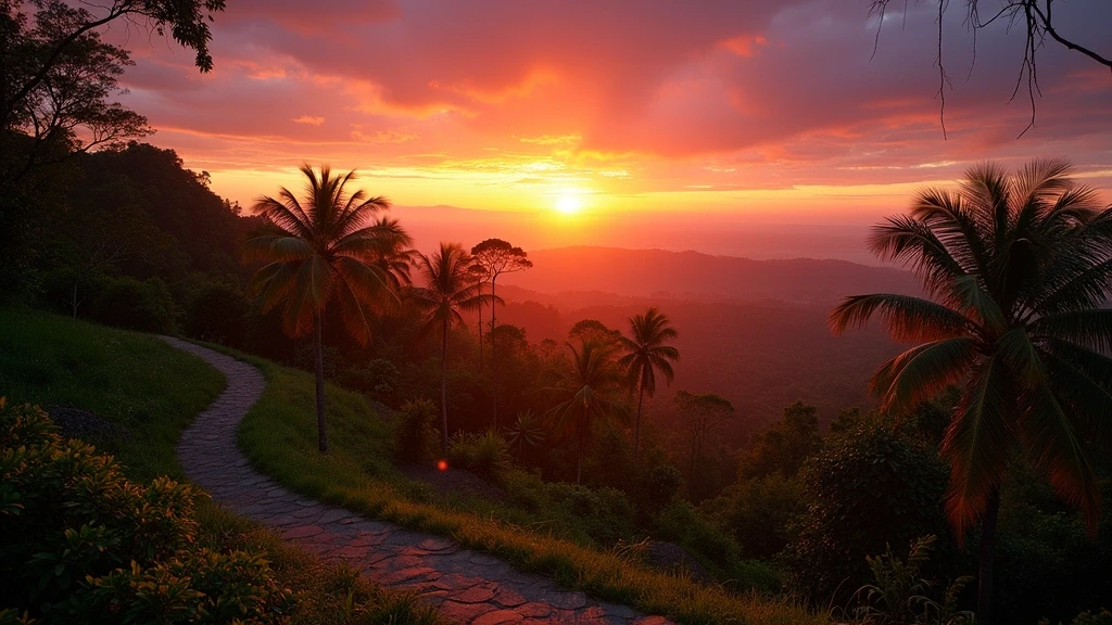 Sonnenuntergang ueber dem Campuhan Ridge Walk in Ubud mit dramatischem Himmel