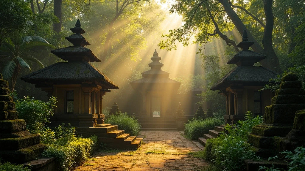 Goldene Stunde im Heiligen Affenwald von Ubud mit beleuchteten Tempeln