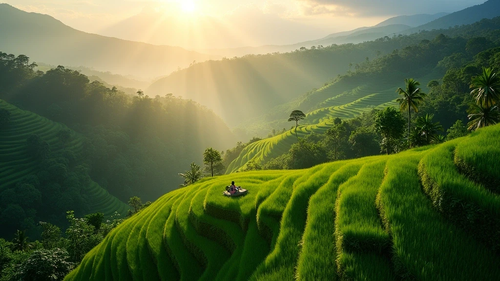 Luftaufnahme der terrassierten Reisfelder von Tegalalang in Ubud zur goldenen Stunde