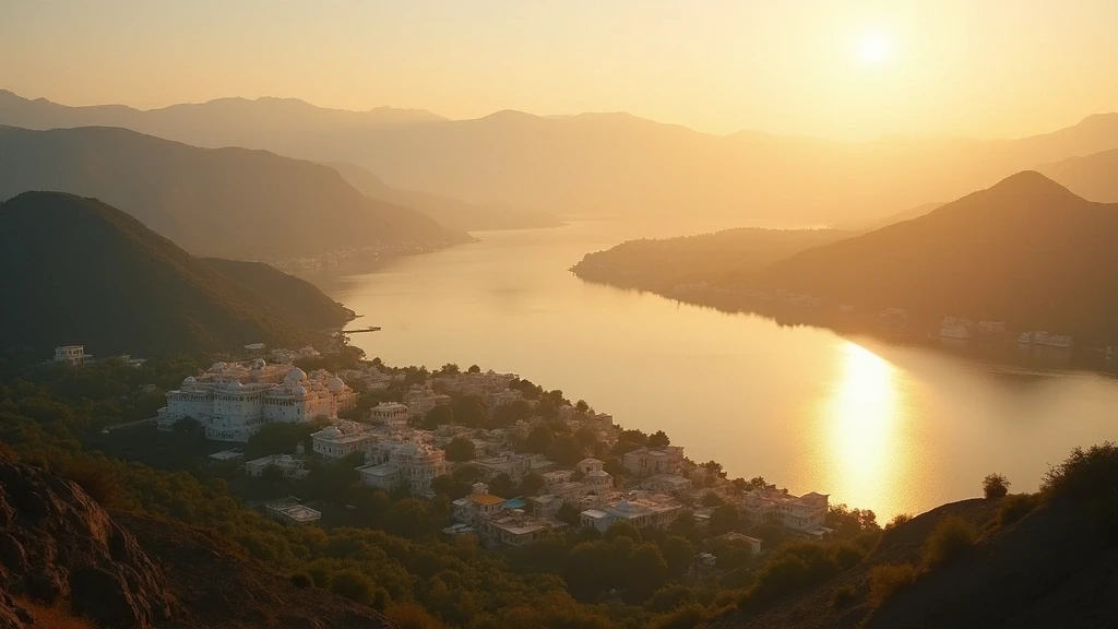 Luftaufnahme von Udaipur, Indien mit Seen, Palästen und Hügeln zur goldenen Stunde