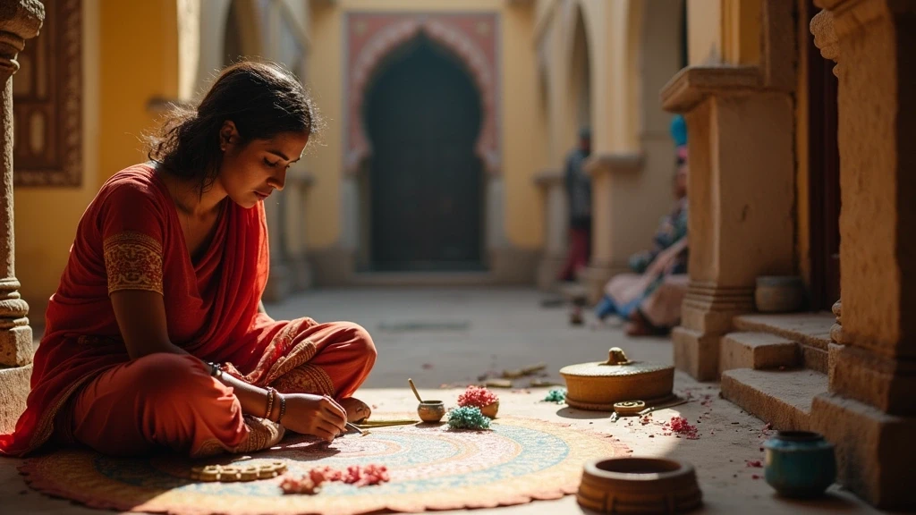 Kuenstlerin erstellt Miniaturmalerei in einem traditionellen Hof in Udaipur