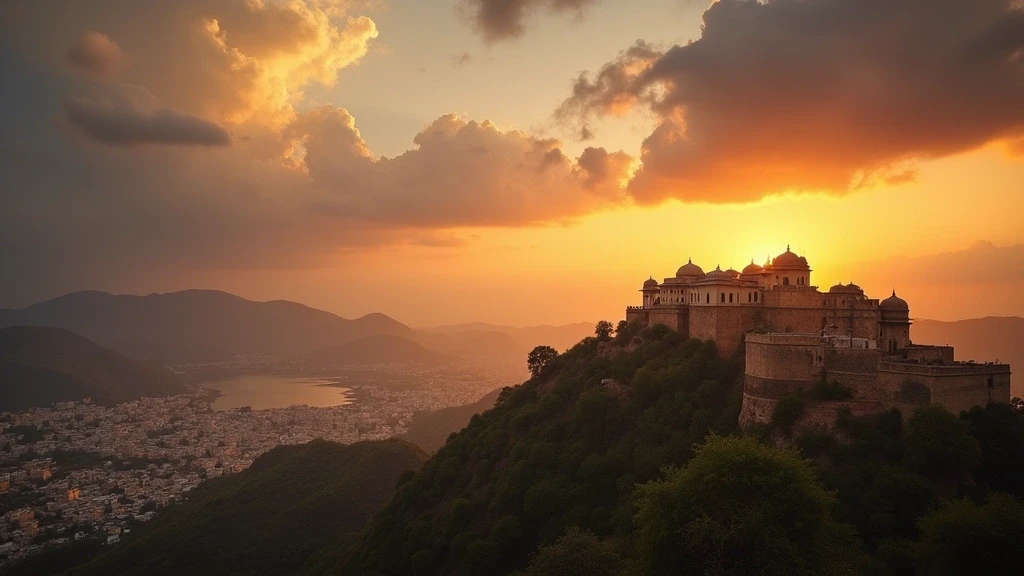 Monsoon-Palast in Udaipur auf einem Hügel bei goldener Stunde mit Blick über die Stadt