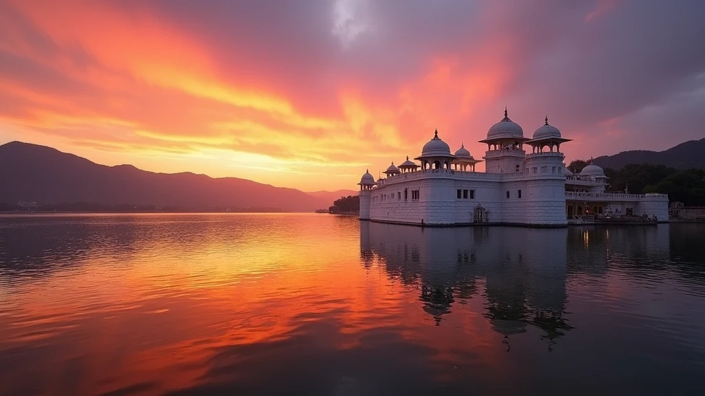 Panoramablick auf den Pichola-See in Udaipur bei Sonnenuntergang mit dem Lake Palace