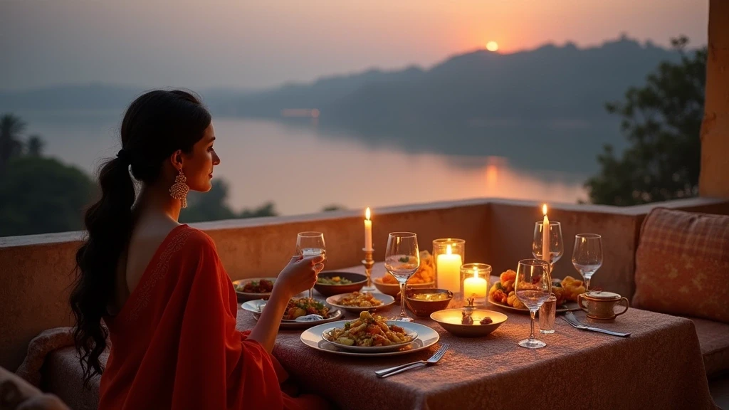 Elegante Frau geniesst traditionelles Rajasthani-Essen auf einer Palastterrasse in Udaipur
