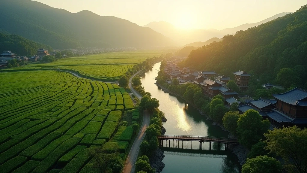 Luftaufnahme des Uji-Flusses mit Teeplantagen und historischen Tempeln zur goldenen Stunde in Japan