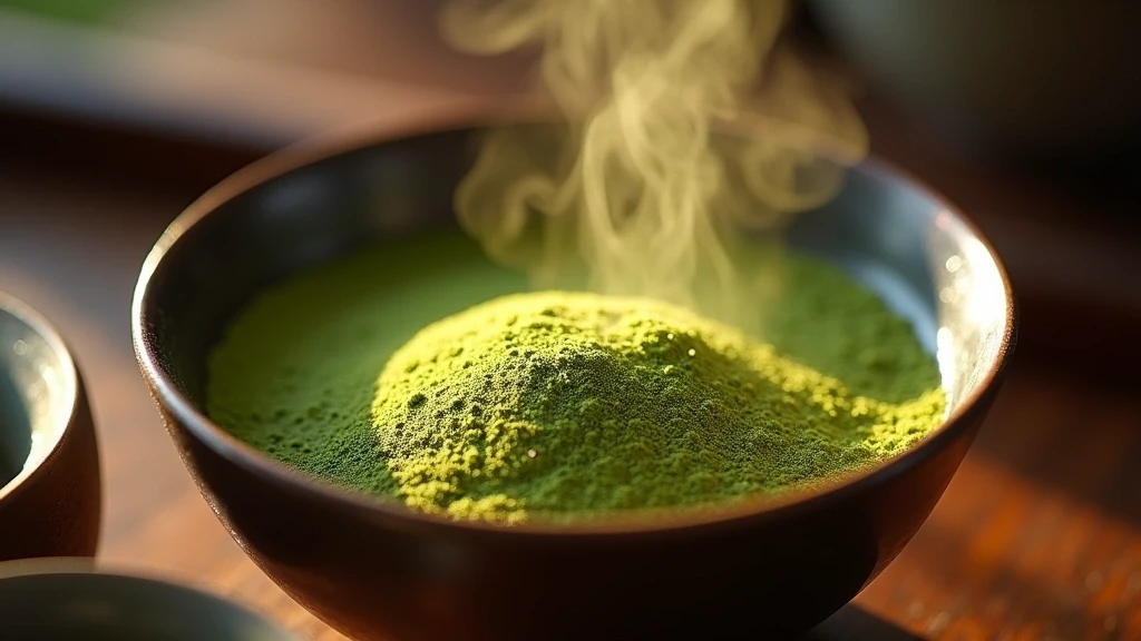 Detailaufnahme von Uji-Matcha-Zubereitung in traditioneller Keramikschale in Japan
