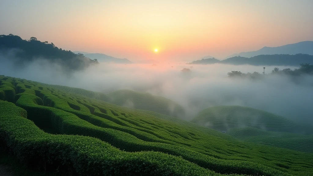 Sonnenaufgang ueber nebelbedeckten Uji-Teeplantagen mit geometrischen Mustern in Japan