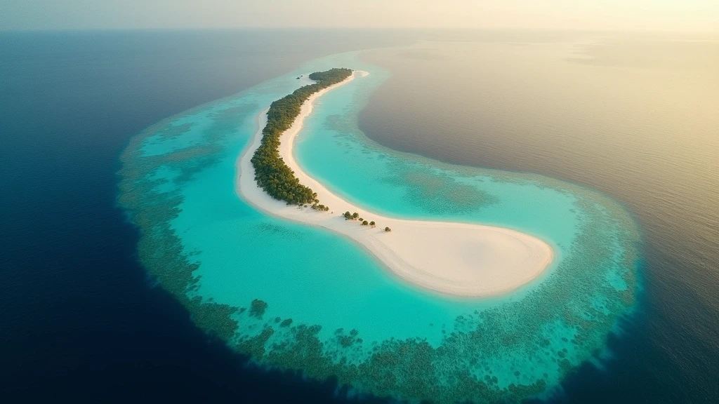 Luftaufnahme von Ukulhas, Malediven zur goldenen Stunde mit Lagune und Korallenriffen
