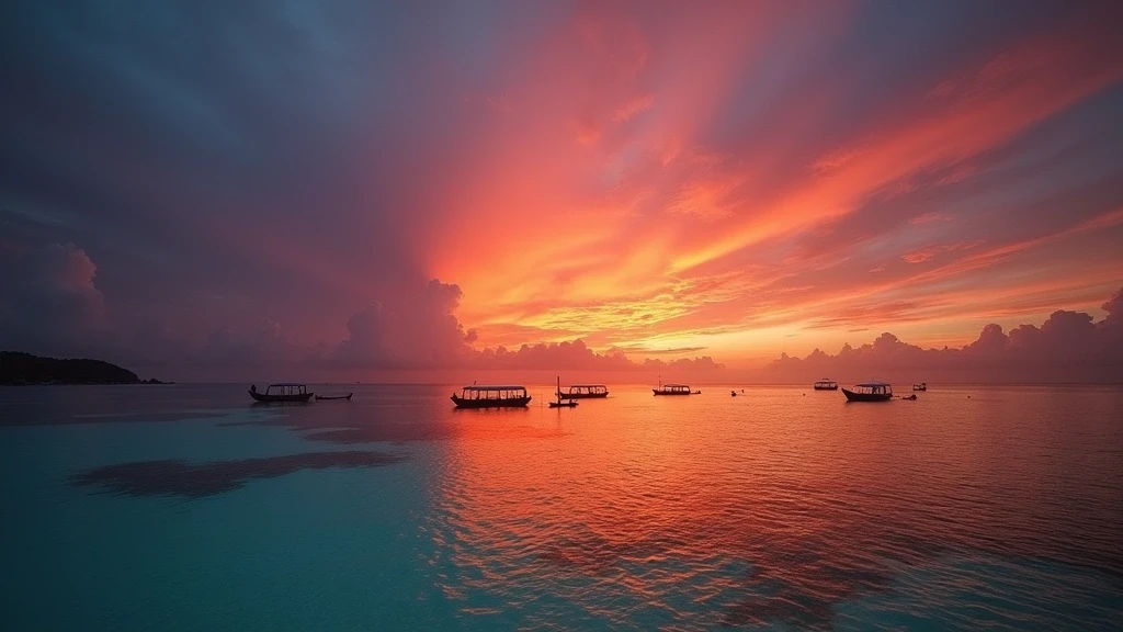 Sonnenuntergang ueber dem Indischen Ozean in Ukulhas, Malediven mit Bootssilhouetten