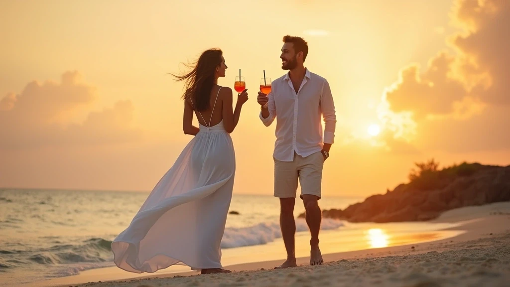 Elegante Frau geniesst Sonnenuntergang-Cocktails am Strand in Ukulhas, Malediven