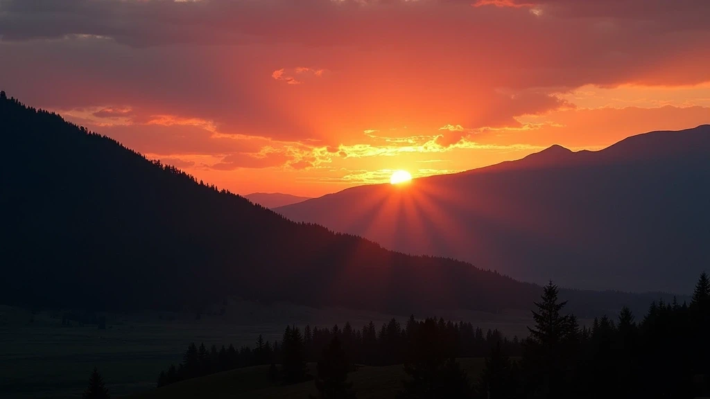 Sonnenuntergang ueber dem Bogd Khan Gebirge in Ulaanbaatar, Mongolei