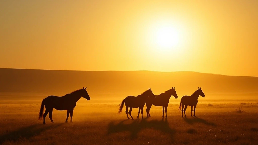 Goldene Stunde auf der mongolischen Steppe mit Wildpferden bei Ulaanbaatar