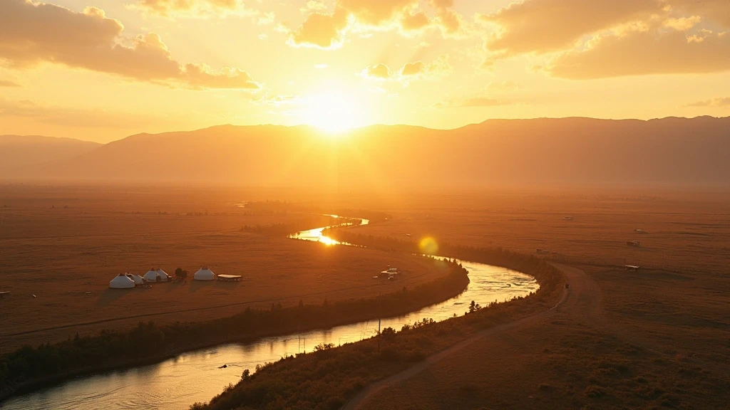 Luftaufnahme von Ulaanbaatar mit Steppe und moderner Skyline zur goldenen Stunde