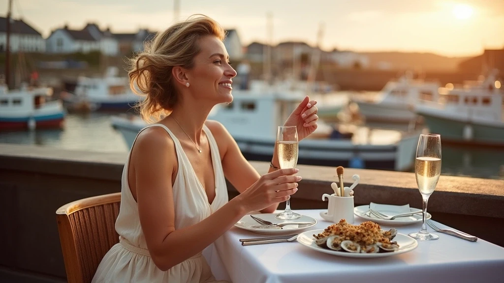 Elegante Frau geniesst Meeresfruechte am Hafen von Ullapool zur goldenen Stunde in Schottland