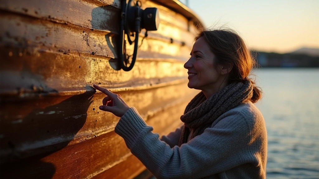 Lokale Fuehrerin erklaert historisches Fischerboot im Hafen von Ullapool in Schottland