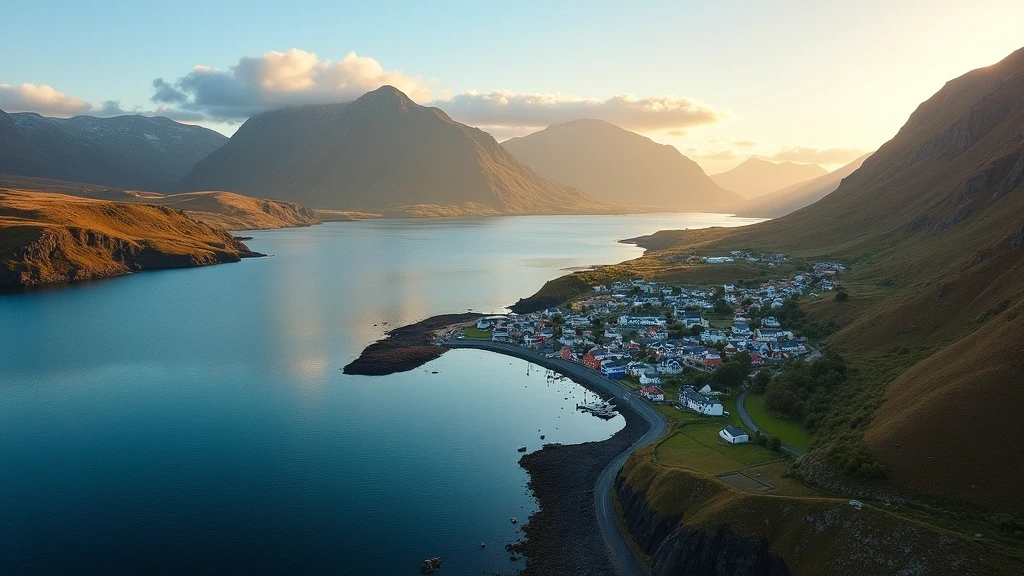 Dramatische Luftaufnahme von Ullapool mit Loch Broom und den Highlands zur goldenen Stunde in Schottland