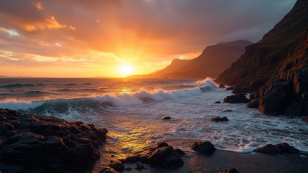 Dramatischer Sonnenuntergang an der Kueste von Rhue Point bei Ullapool in Schottland