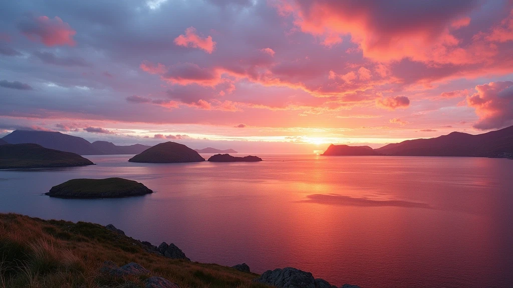 Panoramablick auf die Summer Isles bei Sonnenuntergang vor Ullapool in Schottland