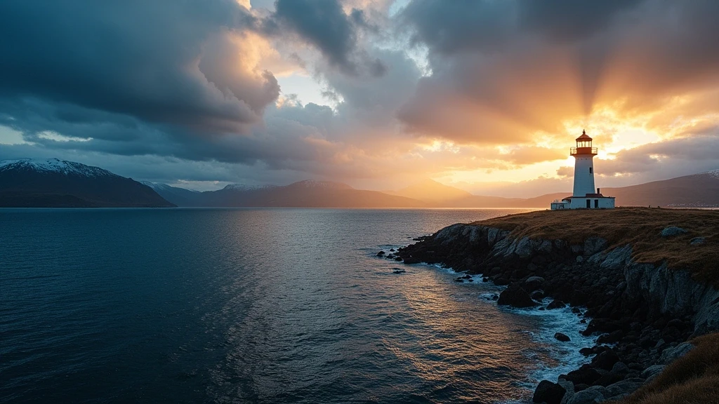 Beagle-Kanal mit Leuchtturm zur goldenen Stunde in Ushuaia
