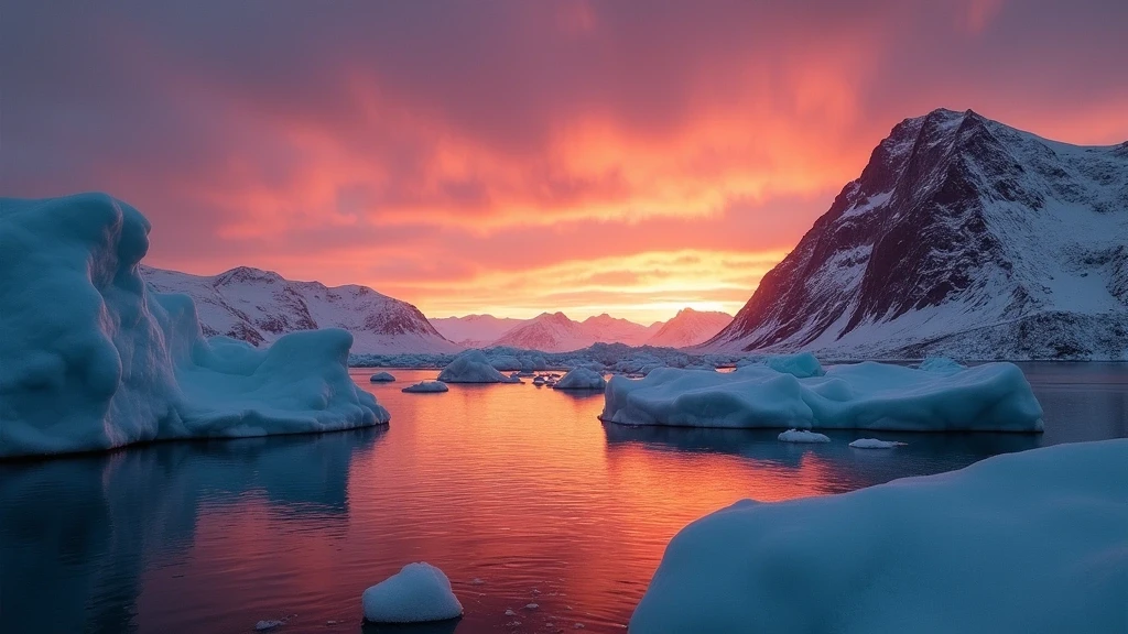 Sonnenuntergang über dem Uummannaq-Fjord mit rosa gefärbten Eisbergen in Grönland