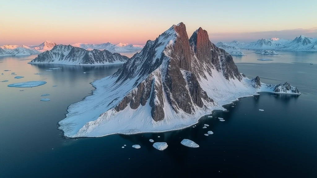 Luftaufnahme des herzförmigen Uummannaq-Berges in Grönland mit Eisbergen zur goldenen Stunde
