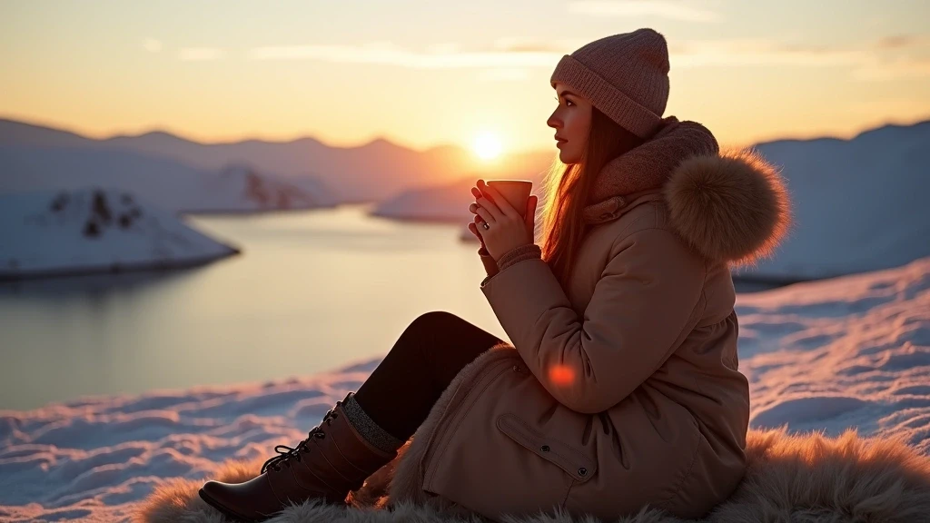 Elegante Reisende geniesst Kaffee mit Blick auf den Uummannaq-Fjord in Grönland