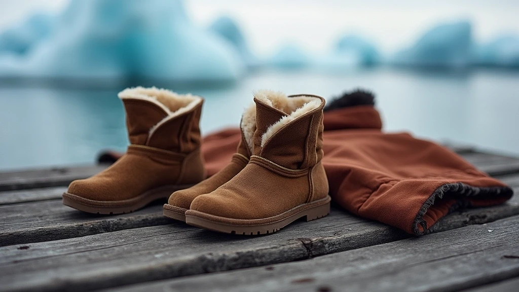 Traditionelle groenlaendische Robbenstiefel und Anorak auf Holzstegen in Uummannaq