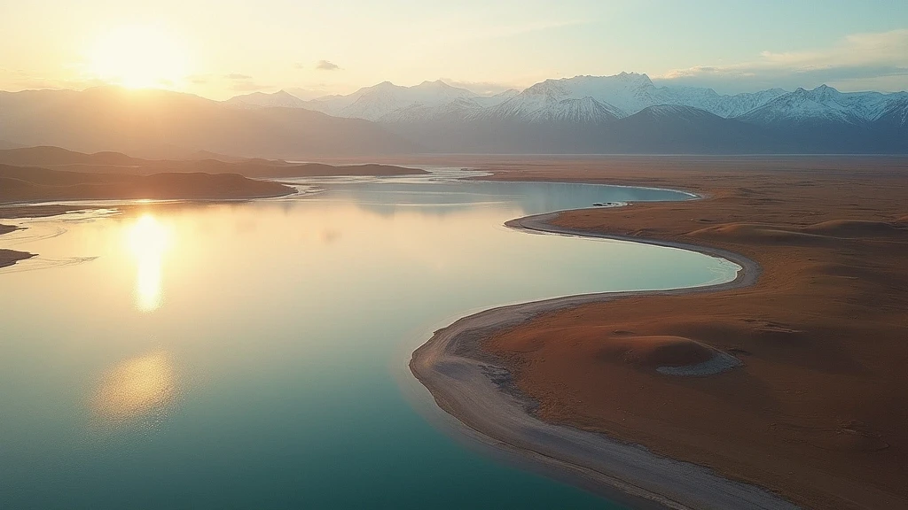 Luftaufnahme des Uvs-Nuur-Beckens in der Mongolei mit Salzsee und Altai-Gebirge zur goldenen Stunde