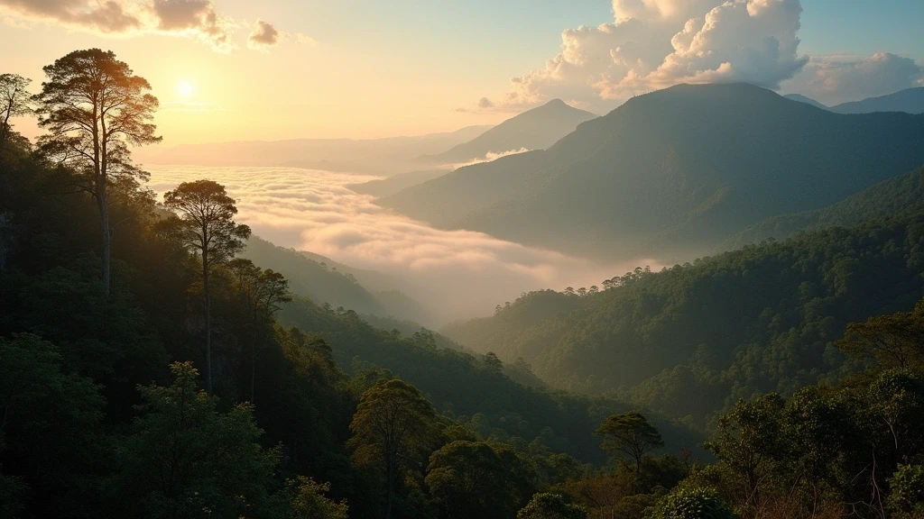 Panoramablick auf den Valdivianischen Regenwald in Chile von einem Bergruecken aus mit nebeligen Taelern