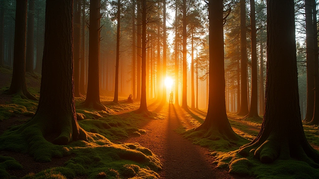Sonnenuntergang im Valdivianischen Regenwald, Chile mit goldenem Licht durch uralte Alerce-Baeume