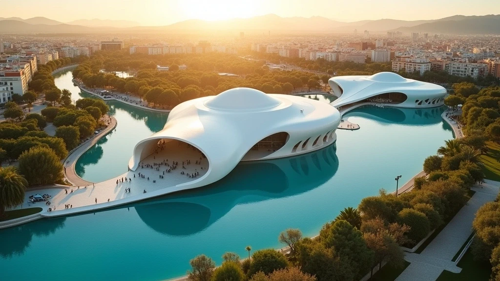 Luftaufnahme der Ciudad de las Artes y Ciencias in Valencia zur goldenen Stunde mit futuristischer Architektur