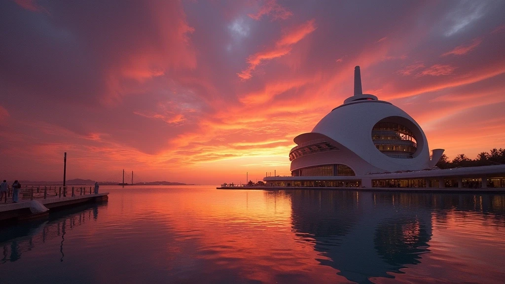 Sonnenuntergang ueber dem Hemisfèric-Gebaeude in Valencia mit Spiegelung im Wasser