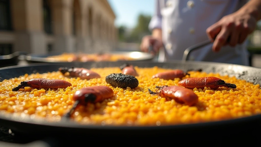 Paella-Zubereitung mit Meeresfruechten vor der Agora in Valencia, kulinarische Fotografie