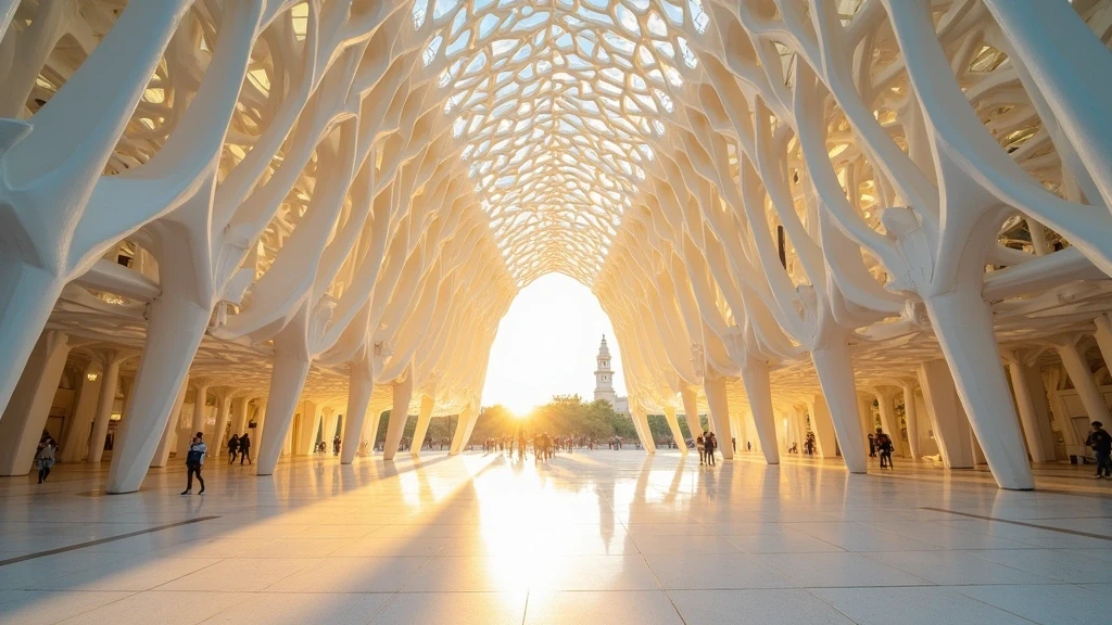 Goldene Stunde am Wissenschaftsmuseum in Valencia mit Gitterstruktur und Schatten