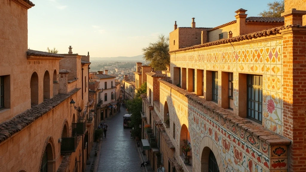 Goldene Stunde Beleuchtung der geometrischen Fliesen und bunten Fassaden in El Cabanyal, Valencia