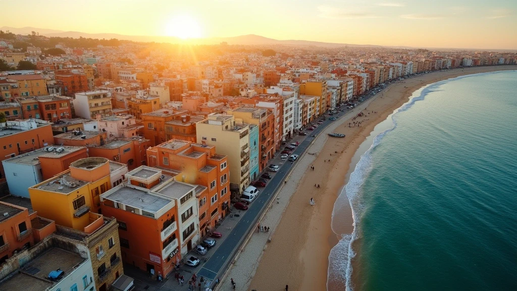 Luftaufnahme des historischen Fischerviertels El Cabanyal in Valencia mit bunten Fassaden und geometrischen Fliesen zur goldenen Stunde
