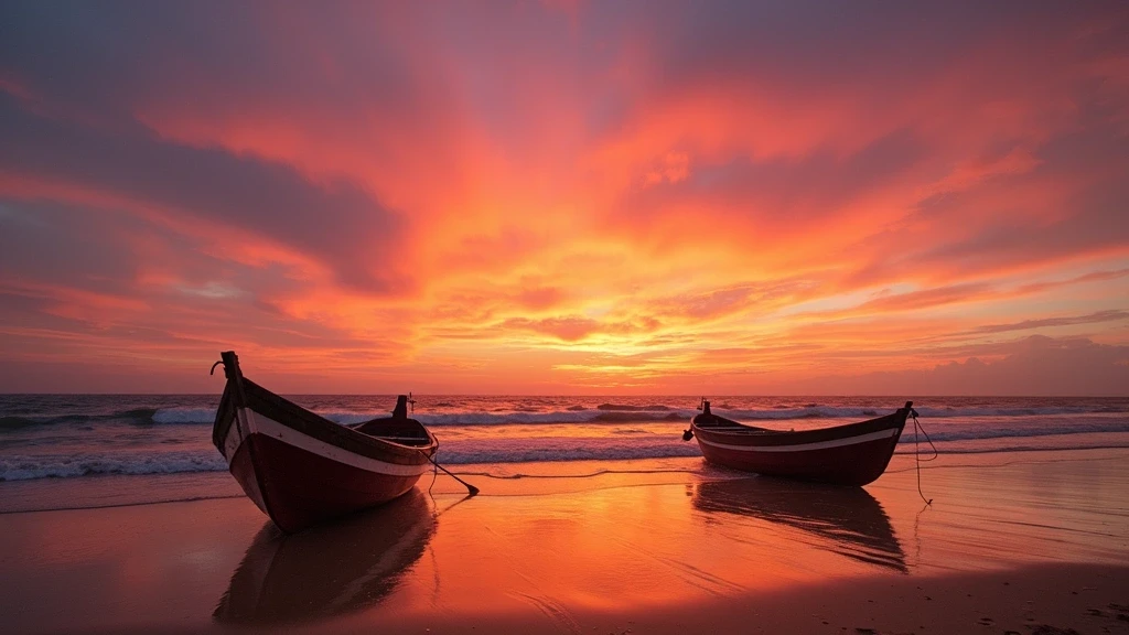 Sonnenuntergang am Playa del Cabanyal in Valencia mit traditionellen Fischerbooten und farbigem Himmel