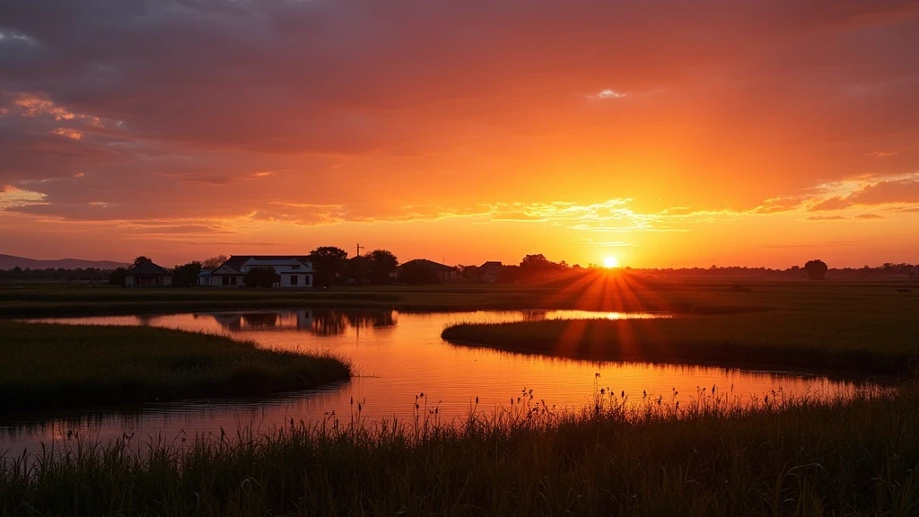 Sonnenuntergang ueber dem Albufera-Naturpark in Valencia mit traditionellen Haeusern
