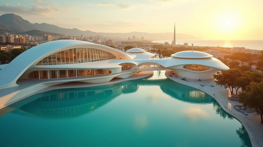 Luftaufnahme der Ciudad de las Artes y las Ciencias in Valencia zur goldenen Stunde