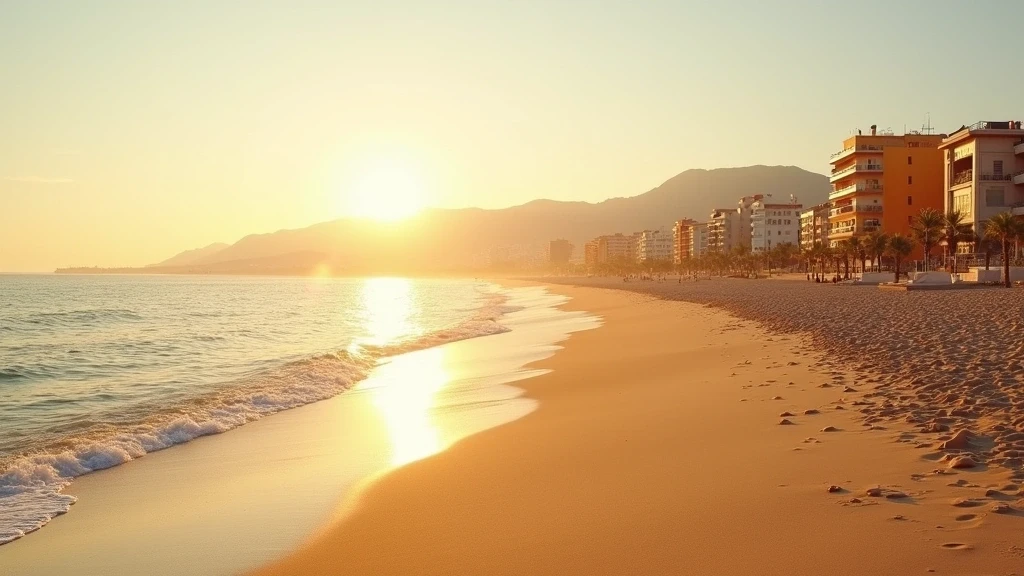 Panoramaansicht des Malvarrosa-Strands in Valencia bei Sonnenaufgang