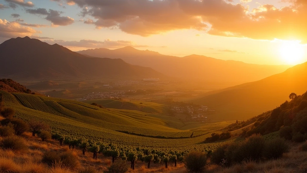 Panoramablick auf die Valle de Guadalupe Weinberge bei Sonnenuntergang mit dramatischen Bergen in Mexiko