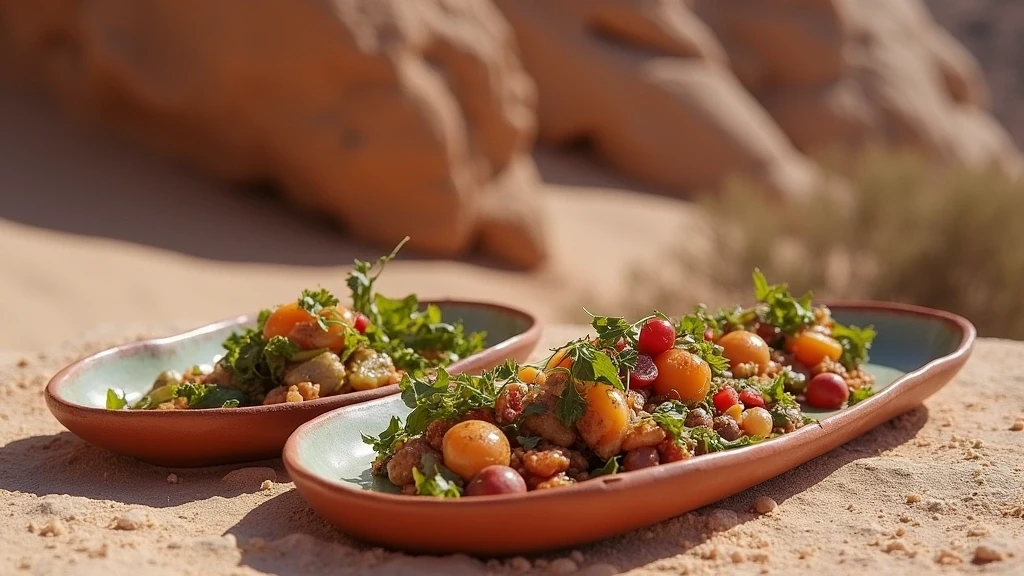 Traditionelle chilenische Kueche auf handgefertigter Keramik vor Felsformationen im Valle de la Luna