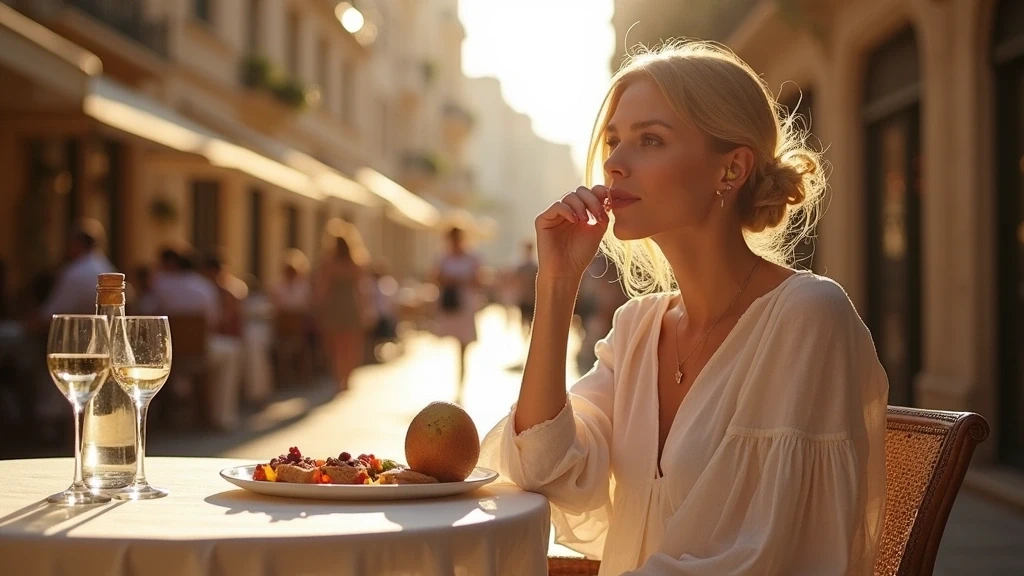 Elegante Frau geniesst maltesische Ftira in einem Cafe in Valletta zur goldenen Stunde