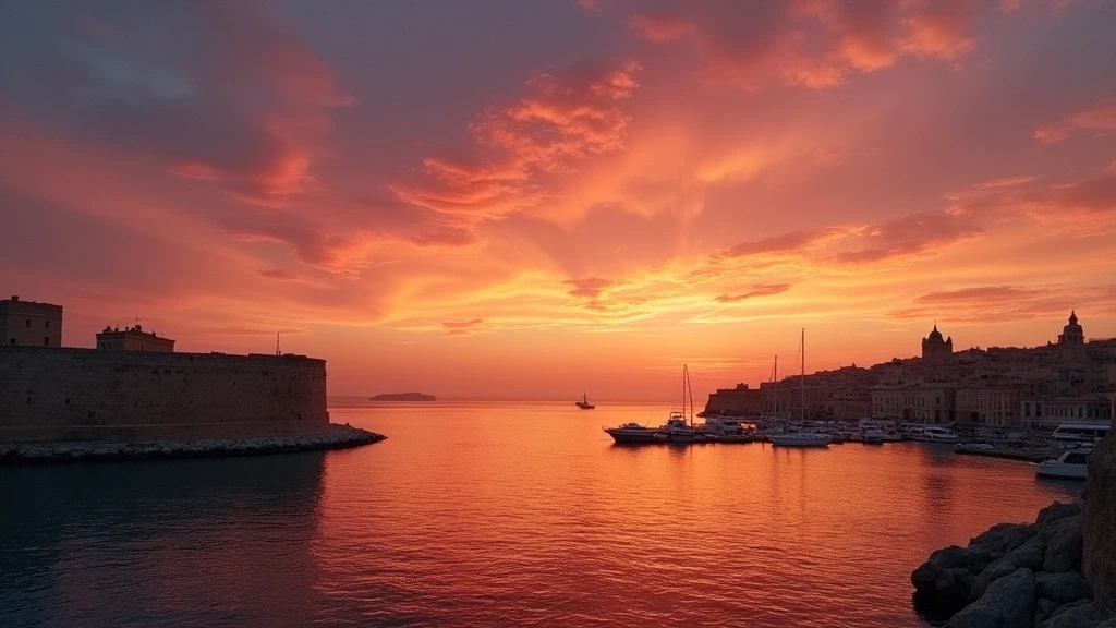 Sonnenuntergang ueber dem Grand Harbour in Valletta, Malta mit historischen Festungen