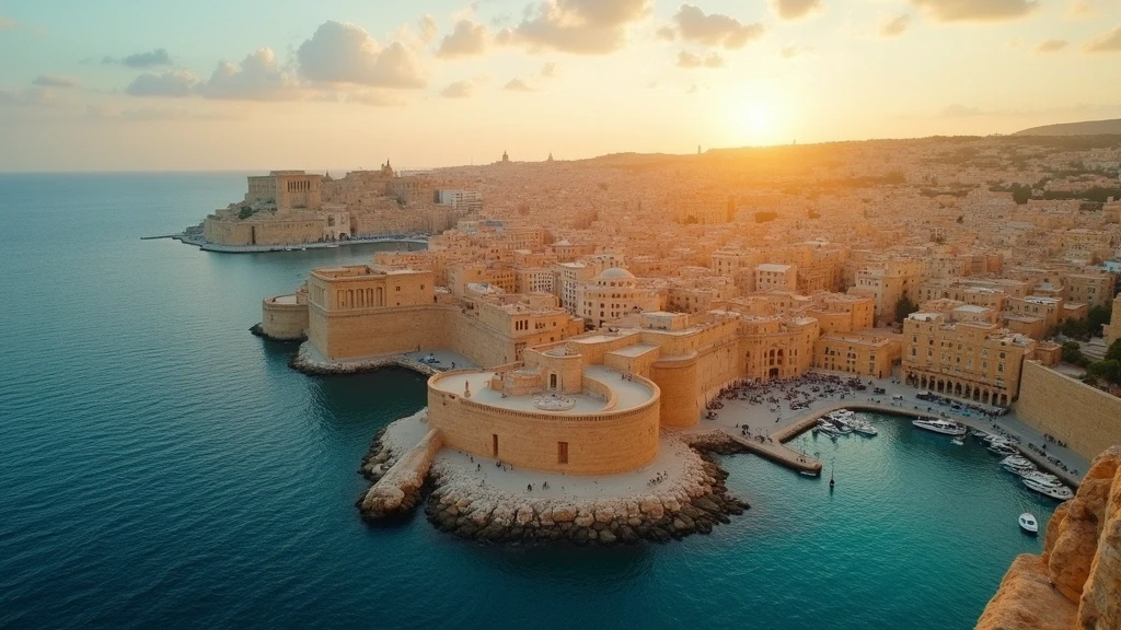 Luftaufnahme von Valletta, Malta zur goldenen Stunde mit Festungsmauern und Grand Harbour