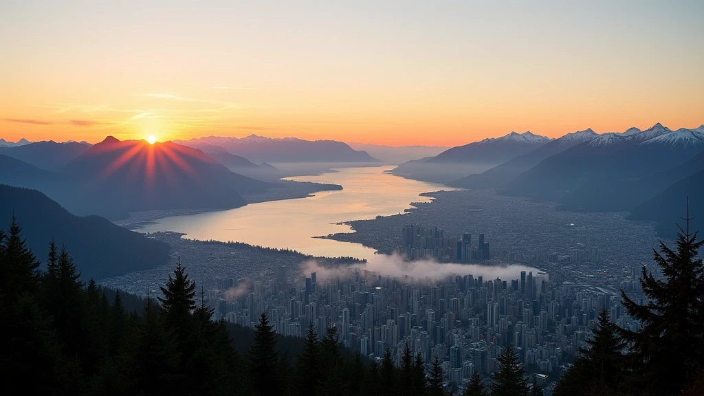 Panoramablick vom Grouse Mountain auf Vancouver bei Sonnenaufgang mit Alpengluehen